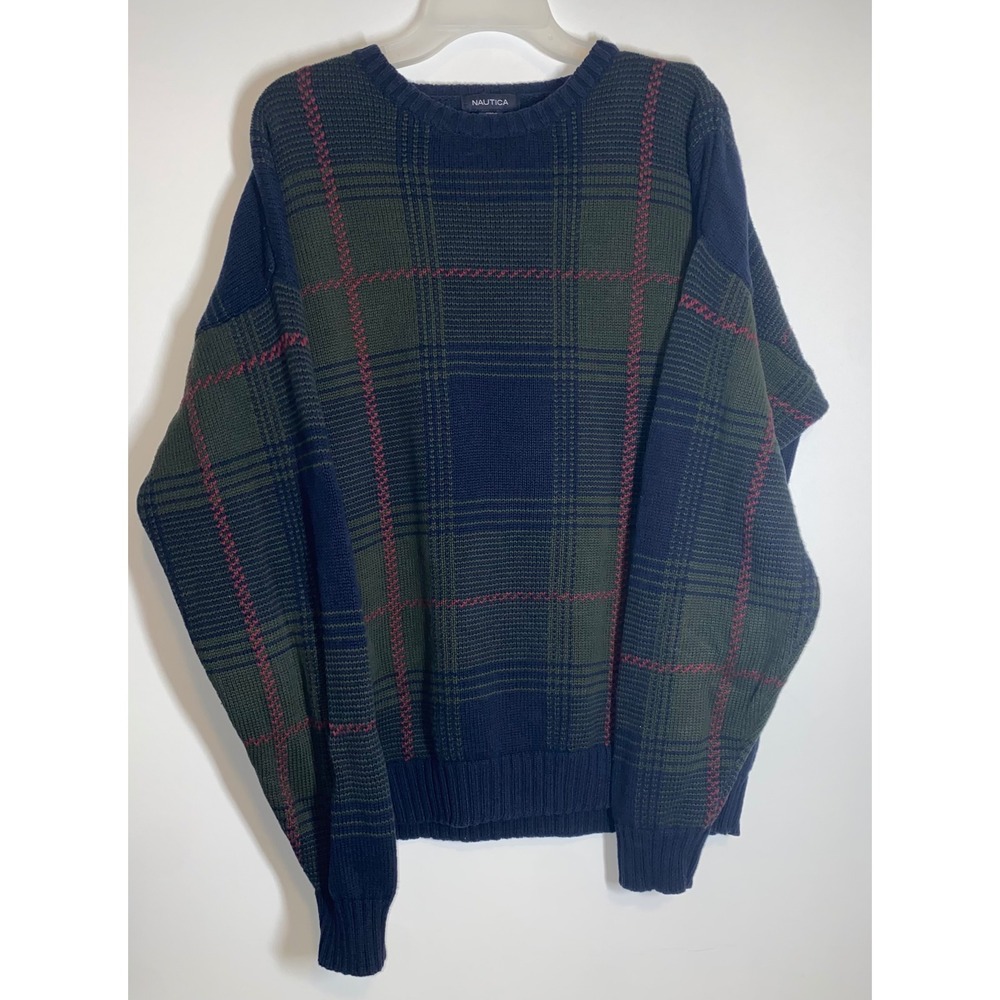 Nautica Mens XL Navy Blue Green Plaid 100% Cotton Crewneck Knit Sweater Pullover
